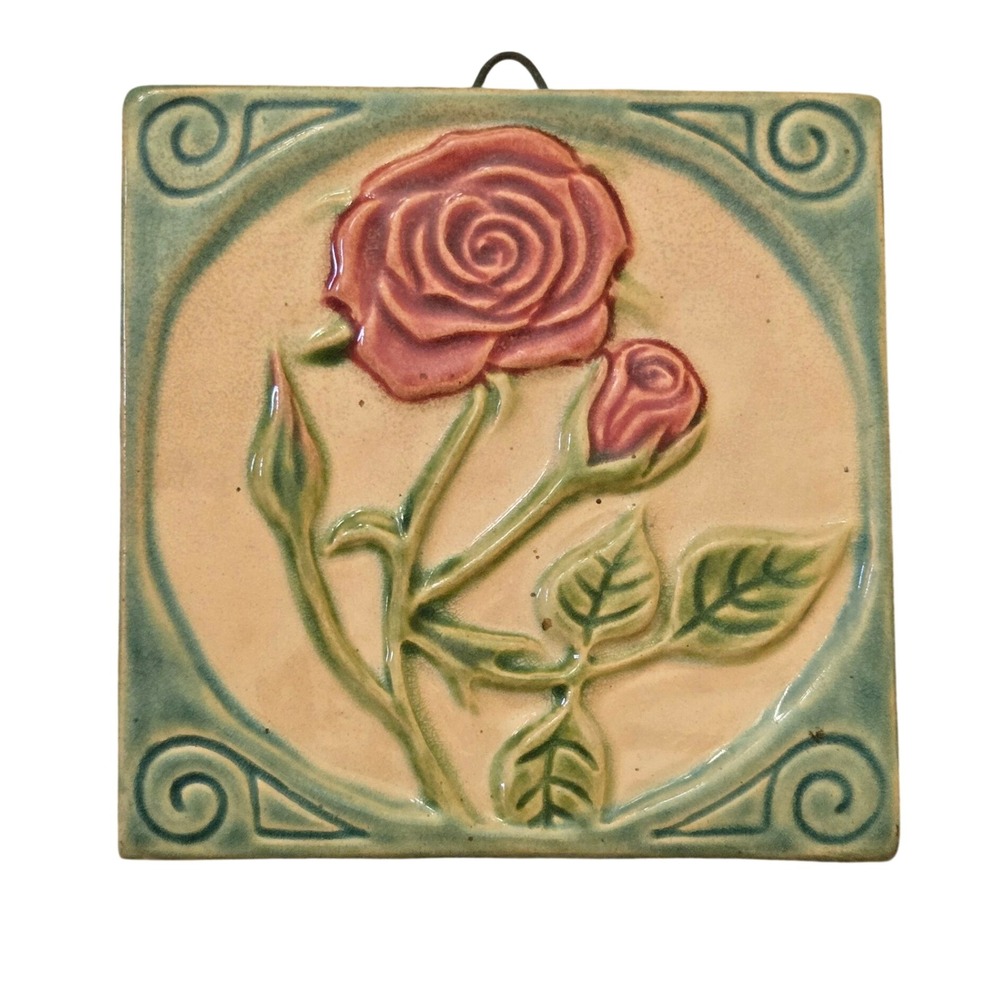 Ancient Hands Studio Rose Tile Arts and Crafts Movement  Pottery Wall Tile